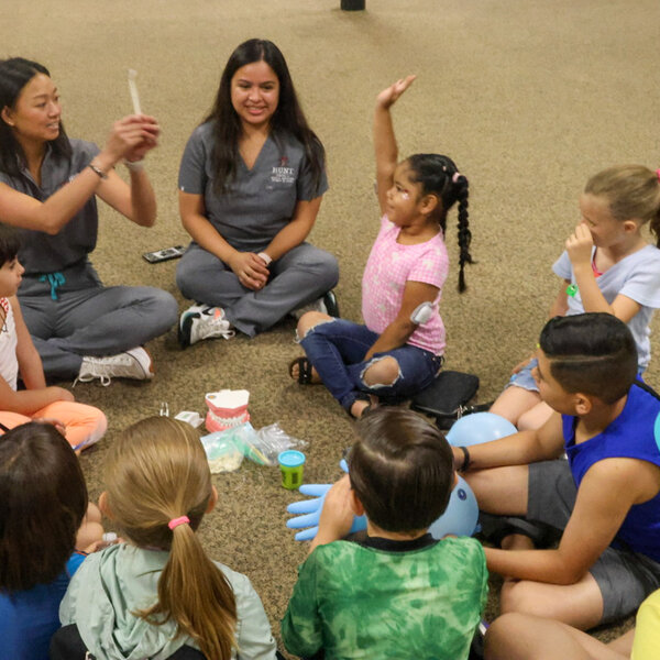 Kids learning with TTUHSC Dental students on day 1 of Type 1 Diabetes Kids Camp