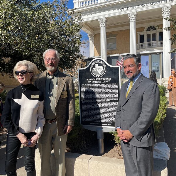 Long-time supporter Mary Jo Melby, Board Member Prince McKenzie and Senator César Blanco celebrate the dedication of a historic marker from the Texas Historical Commission.